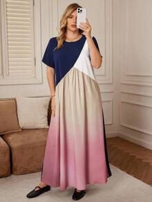 Rosumi Plus Size Simple Solid Color Patchwork Round Neck Short Sleeve Casual Long Dress,Vacation Outfits Woman,Summer Clothes