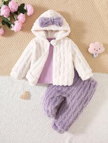 SHEIN 3 件套女婴毛绒连帽夹克 + 毛绒运动衫 + 毛绒运动裤休闲保暖服装，秋冬 - 彩色 - 查看 6