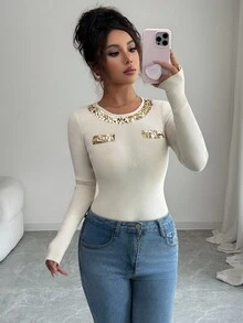 Elenzga Áo len dệt kim cổ tròn thêu kim sa thanh lịch dành cho nữ, đa năng để mặc nhiều lớp hoặc mặc riêng, thích hợp cho Giáng sinh, tiệc tùng ngày lễ - Màu be - Xem 3