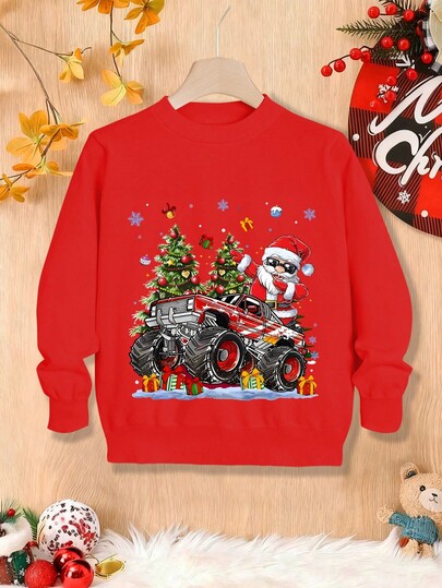 Młody chłopiec Boże Narodzenie Święty Mikołaj dostarczający prezenty Graficzny nadruk Casual Pullover Dzianinowy sweter, Jesień/Zima