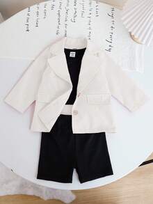 SHEIN 女宝宝三件套：玫瑰粉色长袖翻领休闲西装外套、黑色马甲和黑色修身短裤，优雅时尚，适合日常穿着、拍照和旅行，春秋季款。 - 白色 - 查看 8