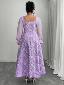 Elenzga Plus Size Women Elegant Early Autumn Chiffon Long Sleeve Jacquard A-Line Dress - Purple - View 2