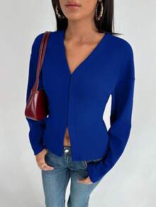 Aloruh Women's Fashionable French Retro V-Neck Raglan Sleeve Long Sleeve Burgundy Knit Shirt - Royal Blue - View 1