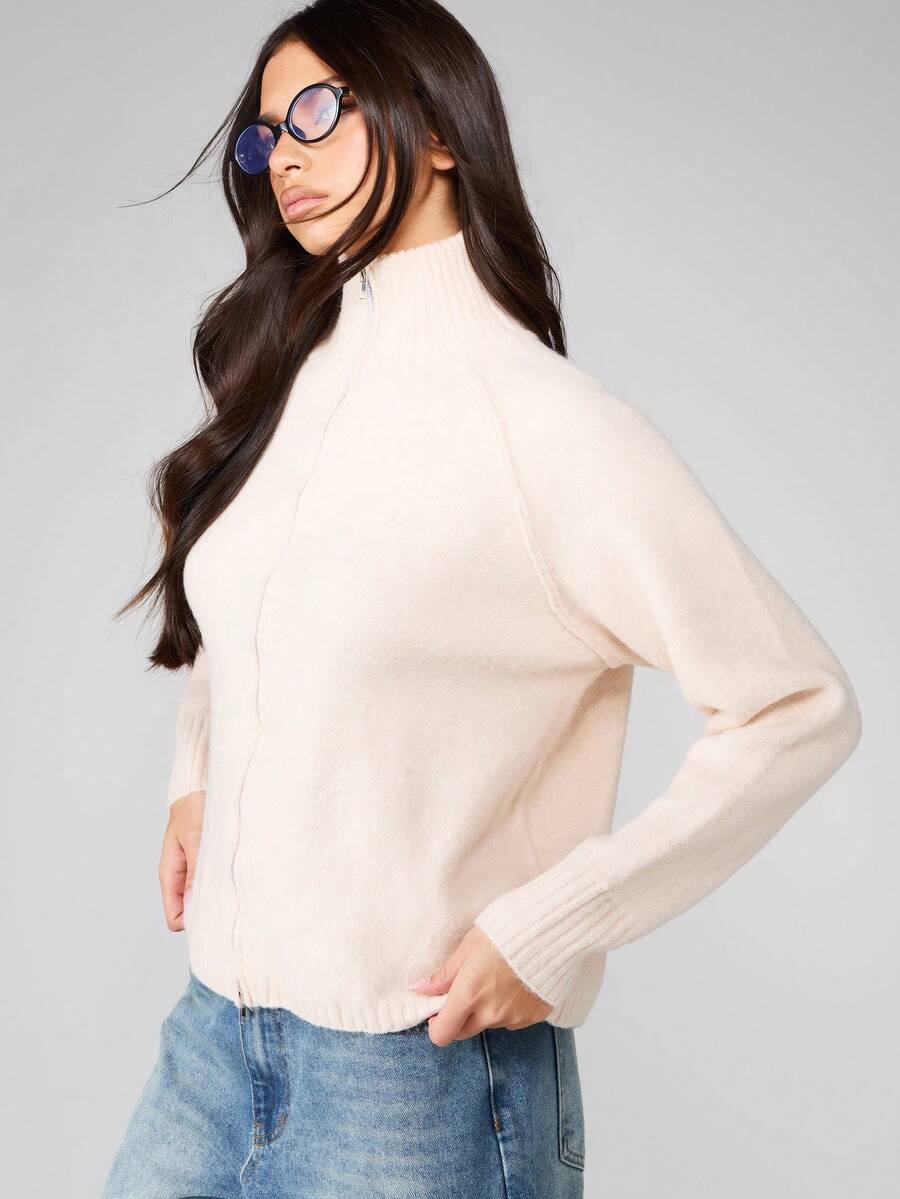 MISSGUIDED 奶油色半拉链高领针织开衫冬秋毛衣舒适保暖罗纹休闲日常外套经典基本款 - 杏色 - 查看 1