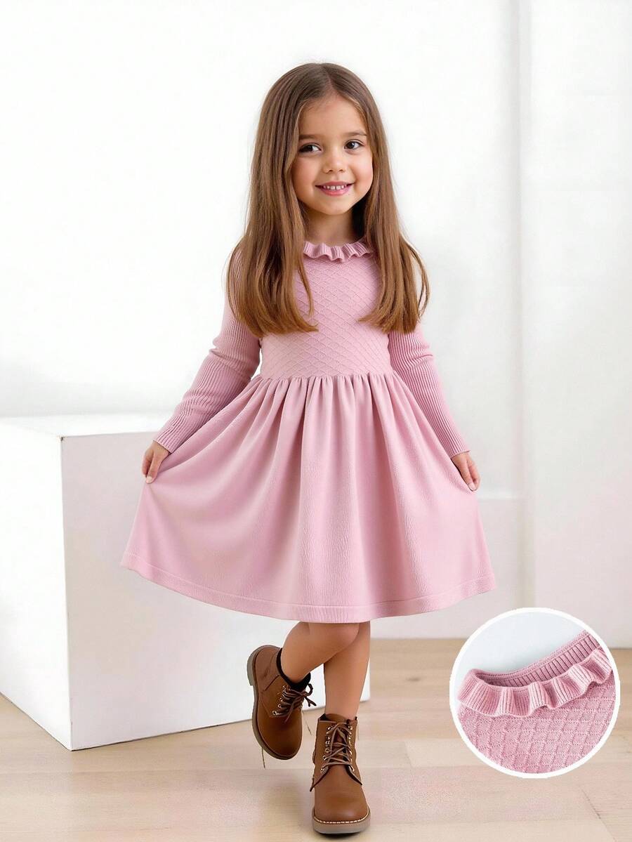 Maija Kids Pink Casual Versatile Loose Long Sleeve Young Girls Sweater Dresses Kids Pink Dress Dusty Pink Kids Dress Girls Autumn Dress Long Sleeve Girl Dress Pink Dress For Girls Fall Winter - Pink - View 1