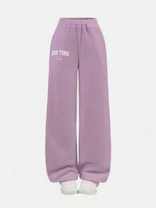 SHEIN Girlism Set de sudadera y pantalón de chándal con estampado de letras de ajuste holgado y cuello redondo para niñas preadolescentes, 2 piezas - Púrpura polvoriento - Ver 6