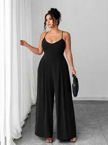 Elenzga Plus Size Women's Elegant Dignified Button Strap Pleated Waist Wide Leg Jumpsuit, Spring/Summer