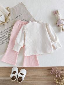 SHEIN 女婴可爱猫咪刺绣仿层上衣和宽松舒适裤子两件套，粉色，2025 年秋冬 - 彩色 - 查看 2