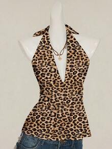 SHEIN ICON 女士休闲露背深V领豹纹裹背衬衫，夜店装扮，性感、千禧一代、垃圾摇滚、哥特、朋克和美学风格。返校节、夜店装扮、派对、复古风、派对、嘻哈风 - 彩色 - 查看 1