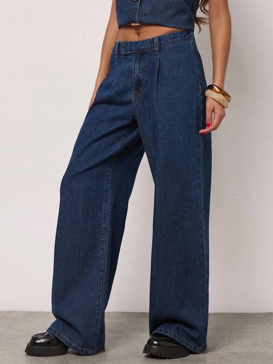 SHEIN BAE 女士休闲日常通勤百搭低腰宽松阔腿牛仔裤