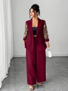 Elenzga Áo khoác thêu may đo cỡ lớn, cài một hàng khuy, tay áo 3/4, thắt eo, quần đồng bộ, bộ vest sang trọng khi đi làm - Màu Đỏ Sâu - Xem 5