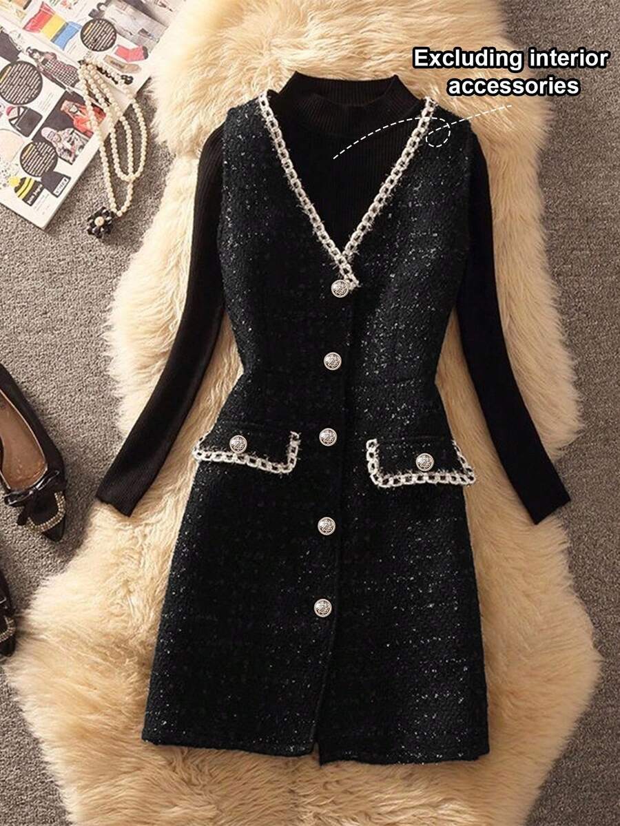 GlowEve Damen V-Ausschnitt Patchwork Schleife Einreiher ärmellos elegantes Kleid aus Wollstoff - Schwarz - Übersicht 1
