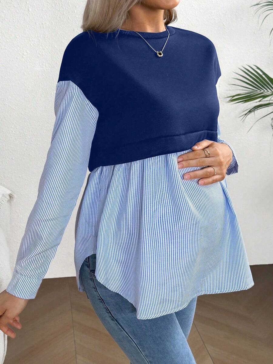 SHEIN Striped Patchwork Casual Maternity Sweatshirt