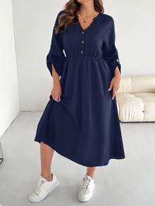 SHEIN Essnce 大码女装春秋时尚休闲宽松舒适日常 V 领纹理面料腰部黑色长袖中长连衣裙带口袋，秋季服装，女士教堂服装