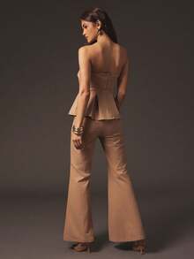 Hauture Formal Old Money Office Business Two Piece Fold Over Bust Pleated Peplum Top Long Flare Pants - Khaki - View 6