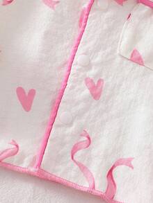 2pcs Baby Girls' Pink Bow Print Long Sleeve Cardigan And Pants Pajama Set, Woven Fabric Cozy And Beautiful For Girl, Princess Gift - White - View 5