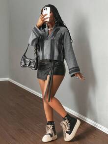 Slaydiva Cárdigan holgado y versátil con bloque de color y letras jacquard, estilo casual para mujer, otoño/invierno - Gris - Ver 11