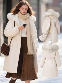 SHEIN 青少年斜口袋休闲时尚收腰宽松中长款女童可拆卸毛领夹棉大衣，百搭外套 - 米色 - 查看 3