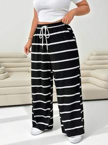 Solflare Pantalones rectos de pierna ancha a rayas en blanco y negro de estilo casual para mujer de talla grande, pantalones de playa, pantalones de vestir casual, de vuelta al colegio - Negro - Ver 1