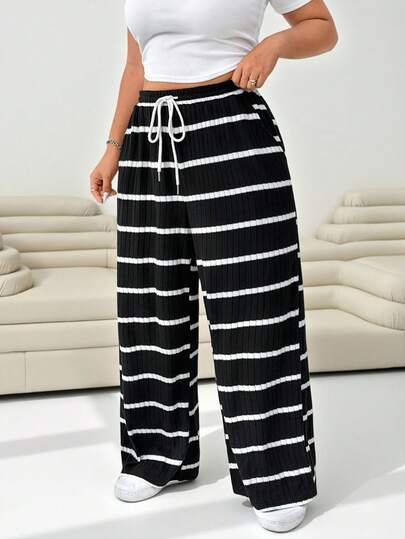 Solflare Black & White Striped Casual Straight Leg Plus Size Pants, Women Wide Leg Pants, Beach Pants For Women,Business Casual Woman,Back To School