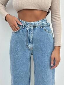 SHEIN Tall Quần jean ống đứng thoải mái, thoáng khí, có khóa cài, tiện dụng cho nữ, đi làm hàng ngày - Rửa trung bình - Xem 3
