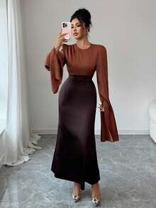 SHEIN Clasi Women's Elegant Solid Color Patchwork Round Neck Long Sleeve Dress, Autumn - Coffee Brown - View 6