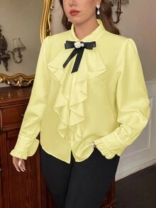 SHEIN Privé Plus Size Elegant Commuter Shirt With Ruffle Trim And Bow Decor