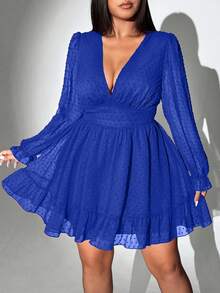 Viva Relle Plus Size Women's Solid Color Deep V-Neck Long Sleeve Ruffle Hem Sexy Fashion Dress - Royal Blue - View 1