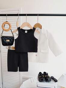 SHEIN 女宝宝三件套：玫瑰粉色长袖翻领休闲西装外套、黑色马甲和黑色修身短裤，优雅时尚，适合日常穿着、拍照和旅行，春秋季款。 - 白色 - 查看 6