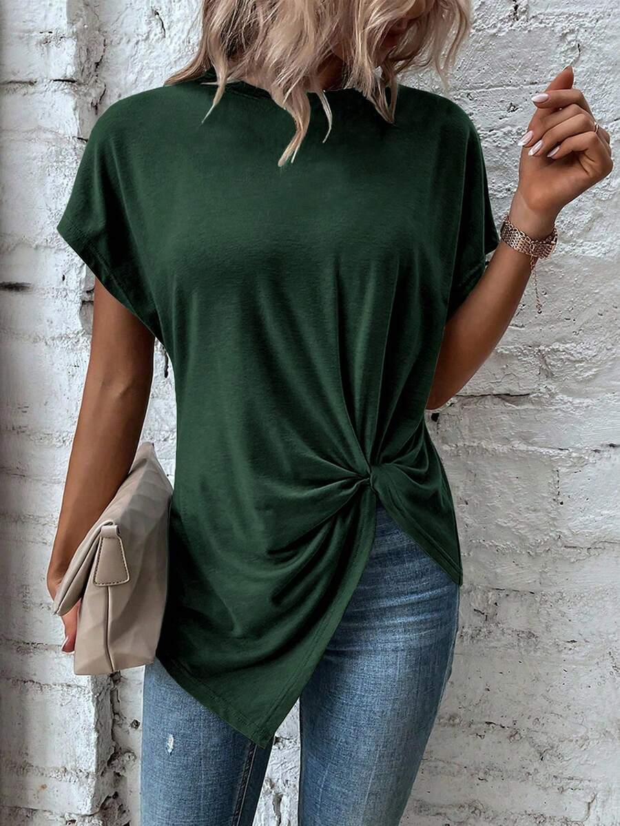 EMERY ROSE Damen Rundhals Fledermausärmel Twist-Taillen-Design Lässig Einfarbiges T-Shirt - Grün - Übersicht 1