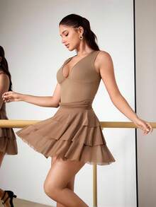 Menodora SHEIN Sport Women's Solid Color Deep V-Neck Backless Sleeveless Sports Dress - Brown - View 4