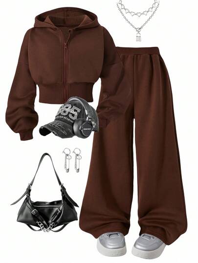 SHEIN Sparklyn 2pcs/Set Girls' Floral Print Waist Drawstring Fleece Sweatshirt & Loose Fit Pants Casual Sports Outfit, Autumn/Winter