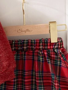 Souflis Souflis 2pcs/Set French 2025 Autumn/Winter New Christmas Element Big Bow Thick Red Long Sleeve T-Shirt Matched With Plaid Pleated Skirt, Suitable For School, Outing, And Play, Girls Outfit - Burgundy - View 7