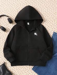 SHEIN 青少年女孩灰色纯色连帽运动衫 女童秋冬装 - 黑色 - 查看 5