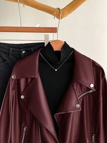 CosyJoli 大码女装春秋时尚休闲宽松日常长袖酒红色PU皮夹克外套，Y2K风格，街头风，春季，女士酒红色外套，2000年代风格，迪斯科/冬季 - 玫瑰紅 - 查看 7