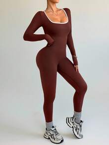 Dewbera 1 pièce Pantalon-combinaison sans couture absorbant l'humidité, design bicolore, style de base, marron, pantalon de combinaison de vêtements de sport pour le fitness/le yoga - Tabac - Voir 5