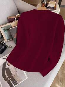 SHEIN Women's Solid Color Round Neck Long Sleeve T-Shirt With Faux Pearl Embellished Patchwork, Christmas - Red - View 2