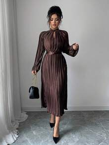 SHEIN Elenzya Women's Chocolate Brown Pleated Autumn Elegant Tea Party Dress, Stand Collar Cinched Waist High-End Loose Big Swing Niche Birthday Gift Date Party Ball - Coffee Brown - View 5