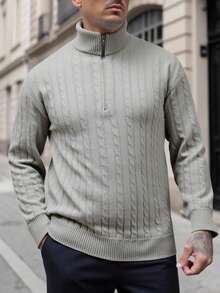 Manfinity Homme Áo len dài tay họa tiết cáp cỡ lớn dành cho nam, có khóa kéo, thường ngày, thu/đông - Màu Xám nhạt - Xem 4