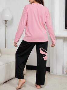 2 件套青少年女孩休闲针织蝴蝶印花长袖上衣和裤子家居服套装，优雅舒适 - 彩色 - 查看 2