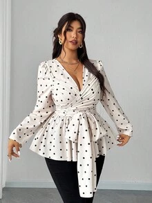 Elenzga Áo cánh tay dài buộc dây cổ chữ V in họa tiết ôm sát gợi cảm cỡ lớn - Màu be - Xem 5