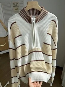 Teen Girl Colorblock Turtleneck Sweater, Casual Loose Fit Knitted Pullover Top, Autumn/Winter 2025 European And American Style - Apricot - View 6