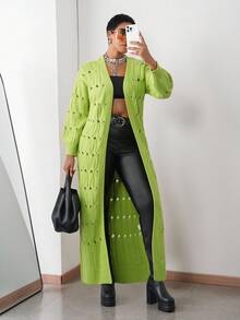 Slaydiva 2025大码女装冬装纯色镂空扭纹长款开衫毛衣外套，适合圣诞节毛衣/舒适女士秋冬装/新年服装/商务装/女士优雅上衣/通勤机场装/女士感恩节装/日常装/街头风 - 綠色 - 查看 8