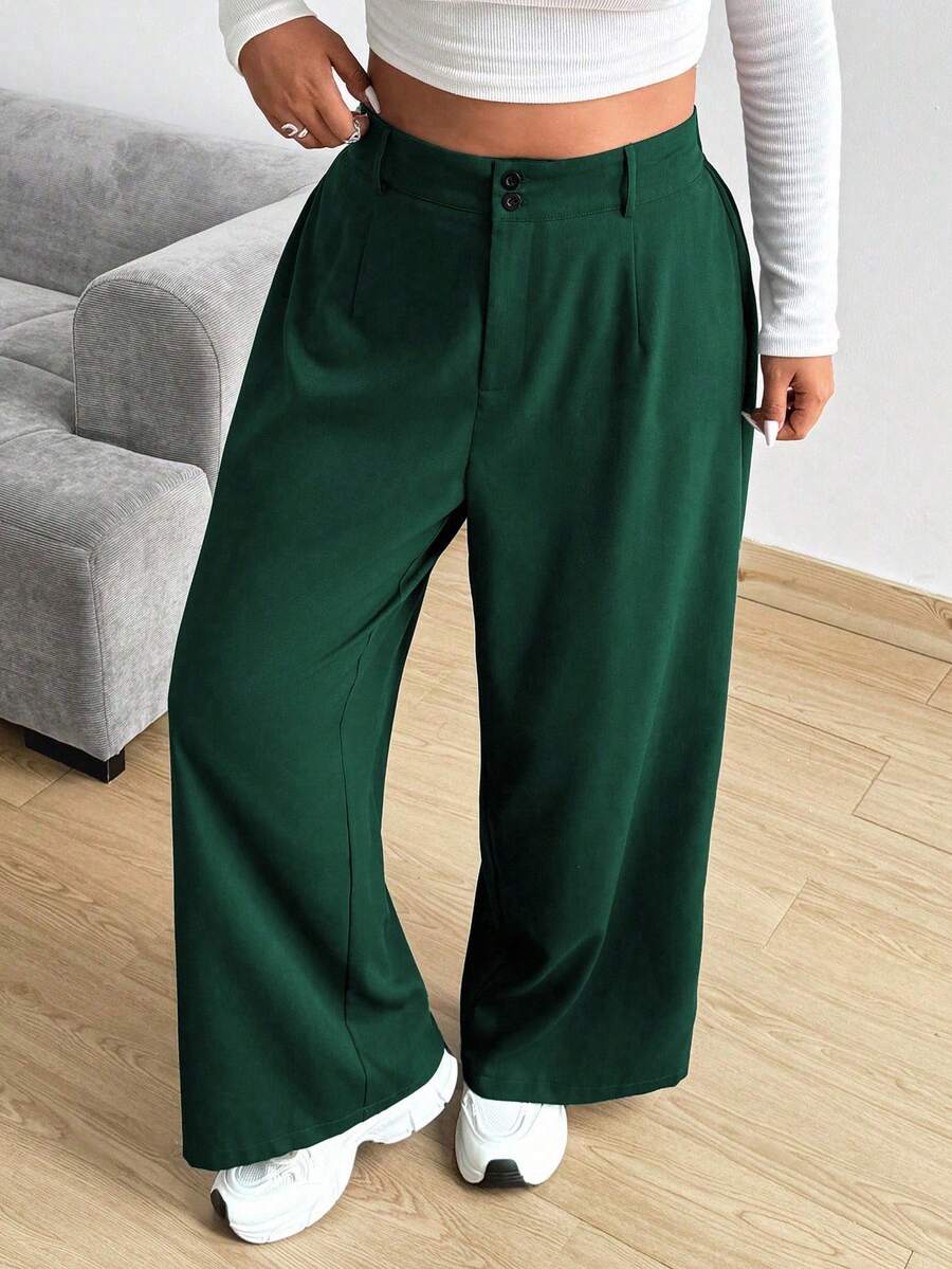 POPSWAY Plus Size Women's Solid Color Pleated Loose Wide Leg Pants - Dark Green - View 1