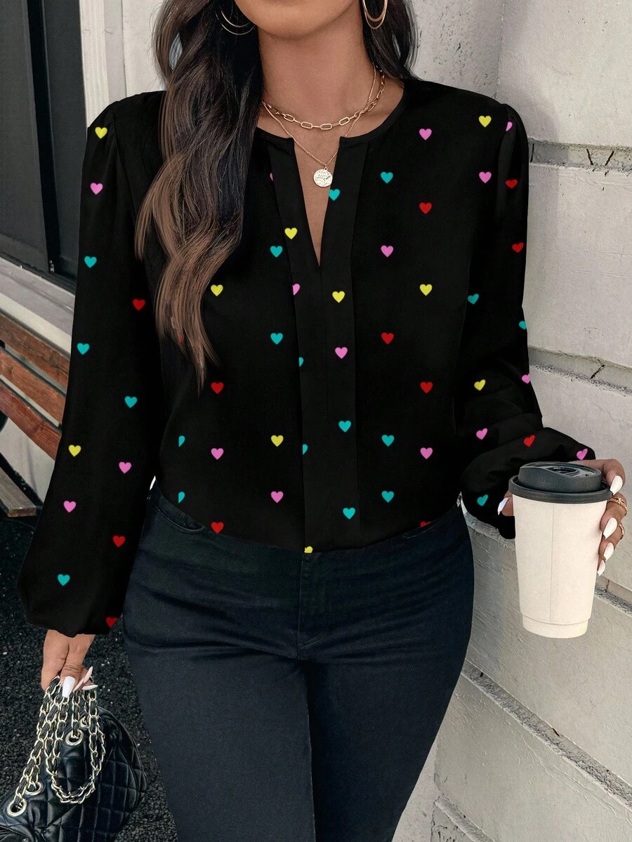 EMERY ROSE Plus Size Colorful Heart Print Shirt, Suitable For Thanksgiving, Day Of The Dead Party, ,Flower/Spring/Summer/Vacation Fall - Multicolor - View 1