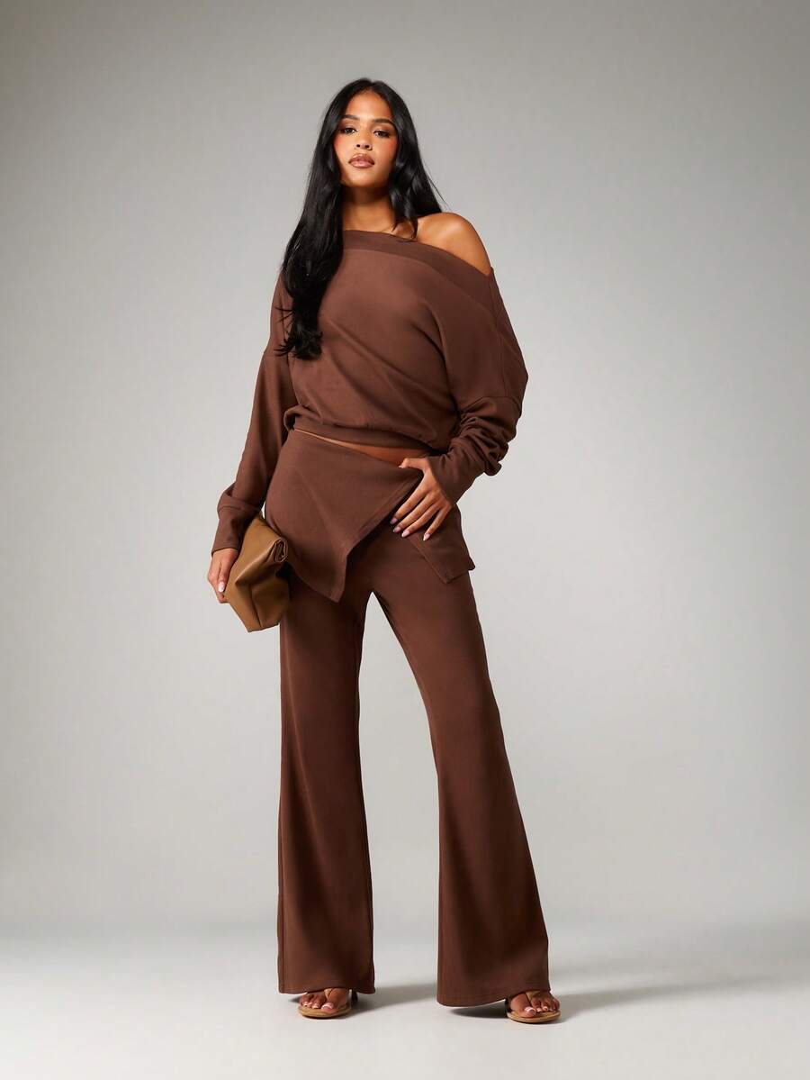 MISSGUIDED Off Shoulder Long Sleeve Top Bell Bottom Pants Two Piece Lounge Set Fall Winter Cozy Casual Elegant Loose Fit Coordinated Outfit - Brown - View 1