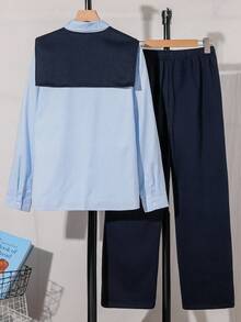 青少年（男孩）休闲通勤学院风条纹长袖披肩领衬衫搭配拉绒裤套装，春秋冬 - 藍色 - 查看 2