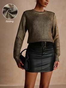 Vesra Women's Elegant Casual Crew Neck Long Sleeve Sweater With Foil Print, Suitable For Multiple Occasions, Autumn/Winter