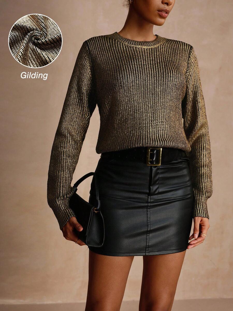 Vesra Women's Elegant Casual Crew Neck Long Sleeve Sweater With Foil Print, Suitable For Multiple Occasions, Autumn/Winter