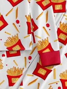 1set Tween Boys Snug Fit Pajamas, French Fry Print Full Pattern Round Neck Long Sleeve Top And Pants, Spring/Autumn Tight Fit Snug Fit Pajamas